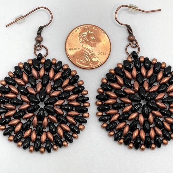 Czech Glass Hand Stitched Beaded Black & Copper Round Boho Pierced Earrings - Picture 7 of 9